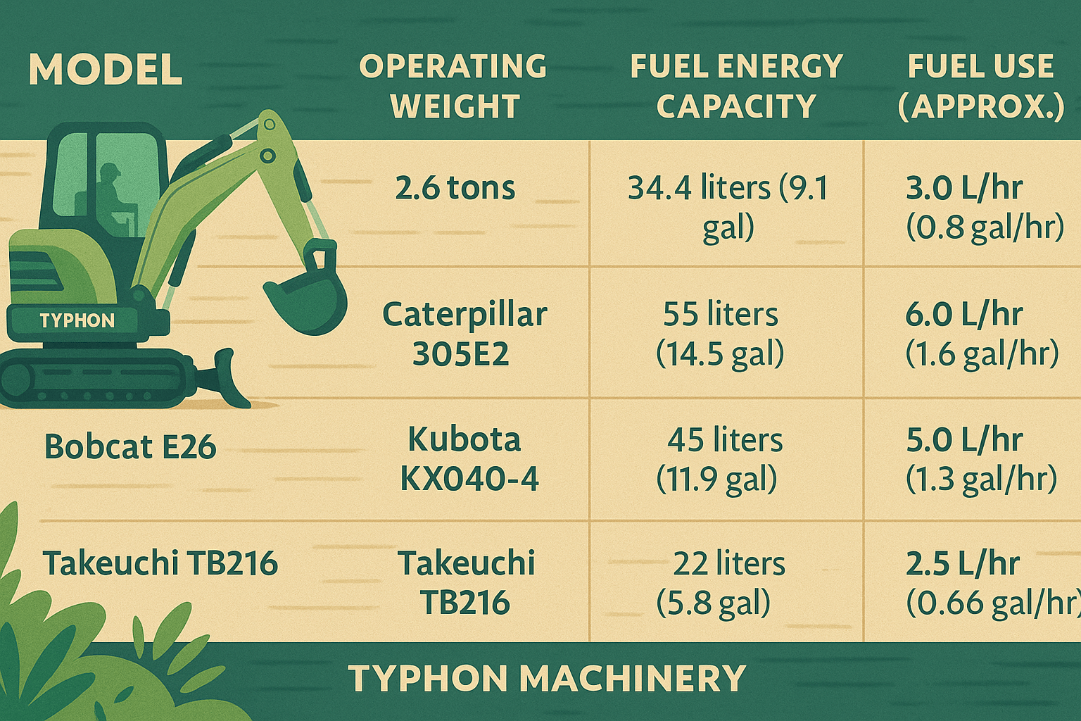 Fuel Tank Capacities of Popular Mini Excavator Models