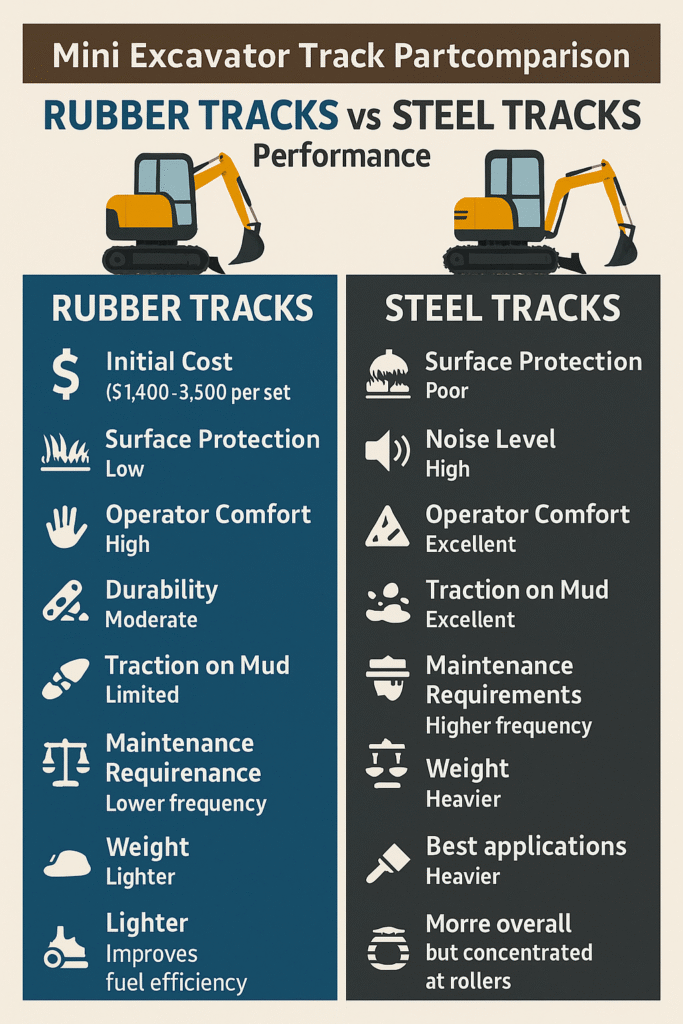 Mini‍‌‍‍‌‍‌‍‍‌‍‌‍‍‌‍‌‍‍‌ Excavator Track Parts Comparison Rubber Tracks vs. Steel Tracks Performance 
