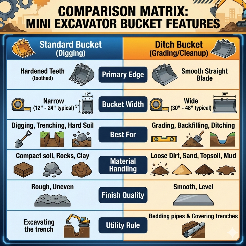Ditch Bucket vs Standard Bucket Comparison - American Excavator Ditch Bucket vs Standard Bucket Comparison