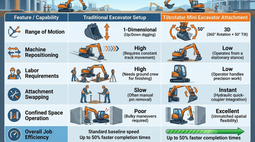 Tiltrotator Mini Excavator Attachment Features