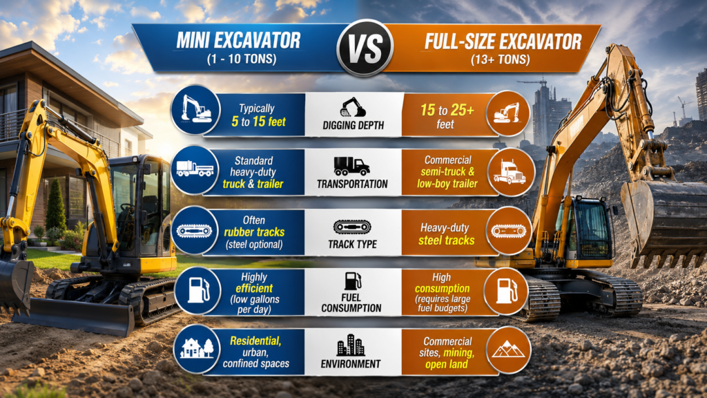 Mini Excavator vs Full-Size Excavator Table