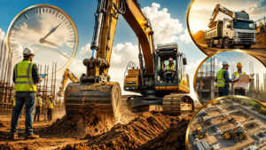 Construction site with a large excavator at work and workers in safety vests; circular insets show a dump truck, plans, and an aerial site layout.